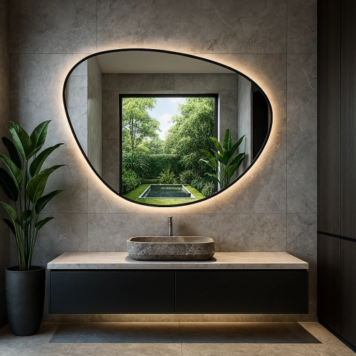 Lustro GARDEN FRAME – Lustro o Nieregularnym Kształcie z Podświetleniem LED | Nowoczesne Lustro do Łazienki, Przedpokoju i Salonu – Emra Wood